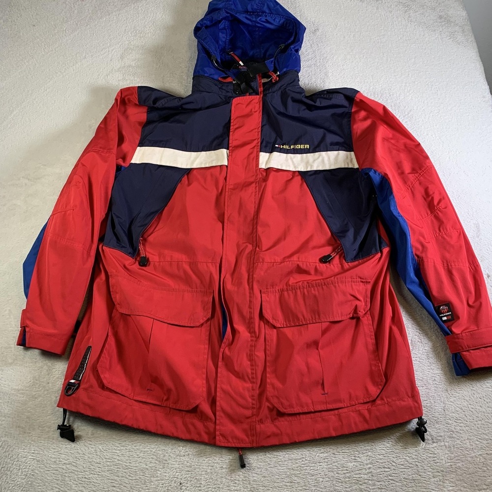 Vintage Tommy Hilfiger Jacket Mens Large Red Waterstop Ski Hooded 90s Colorblock